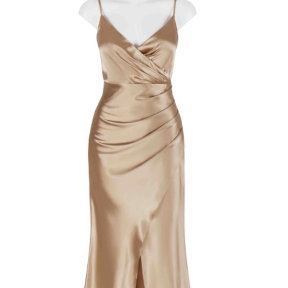 Champagne colored maxi dress with a slit